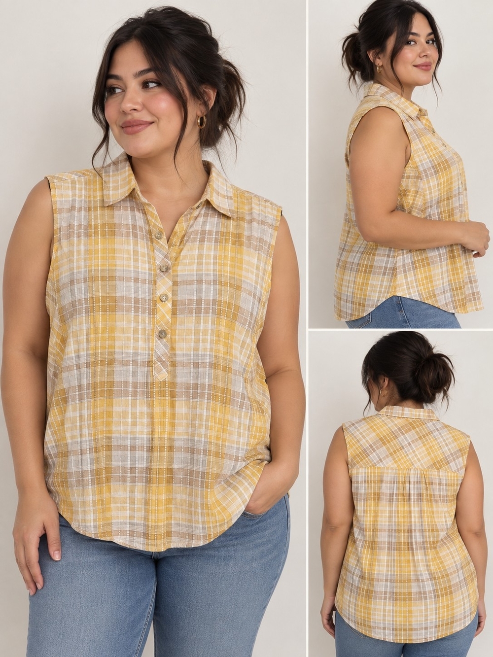 Vintage Canyon Guide Sleeveless Yellow Plaid Button-Up Blouse - 90s/y2k
